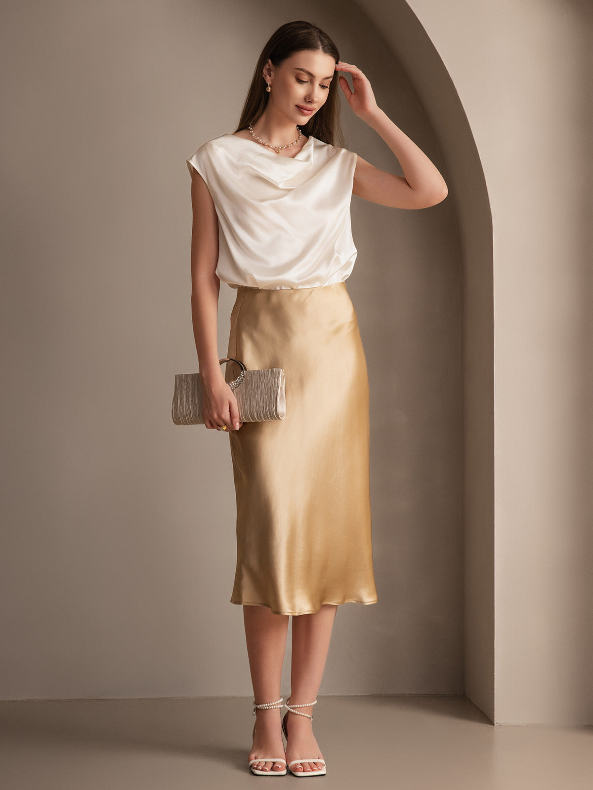 [Champagne] SilkSilky-AU 19Momme Pure Silk Skirt 005