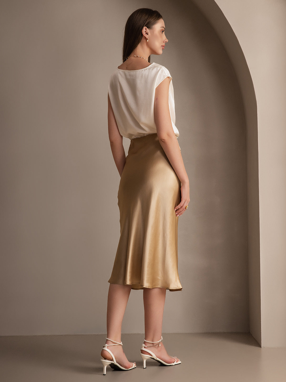 [Champagne] SilkSilky-AU 19Momme Pure Silk Skirt 006
