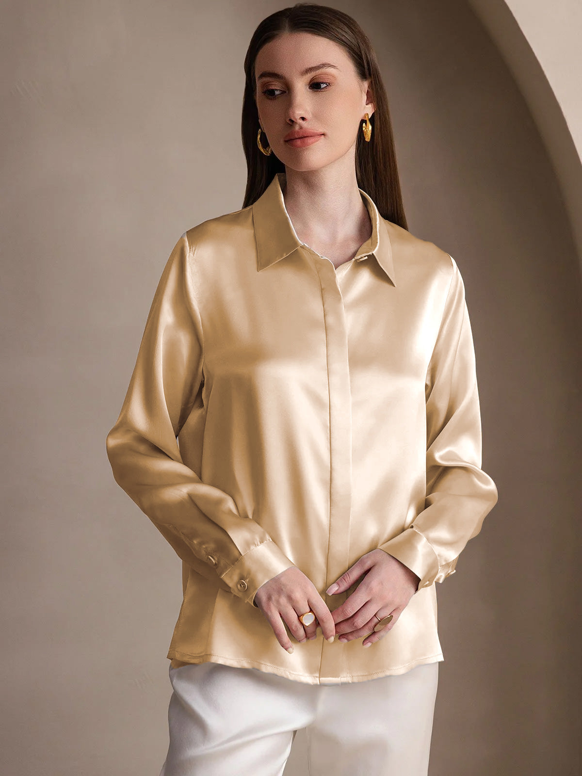 [Champagne] SilkSilky-AU 19Momme Silk Lapel Collar Women's Shirt 001