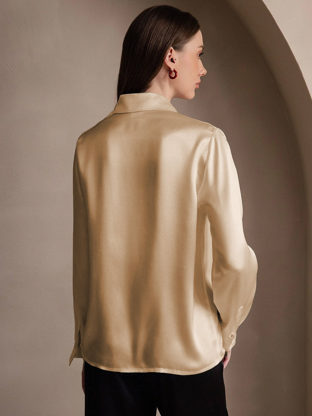 [Champagne] SilkSilky-AU 19Momme Silk Lapel Collar Women's Shirt 002