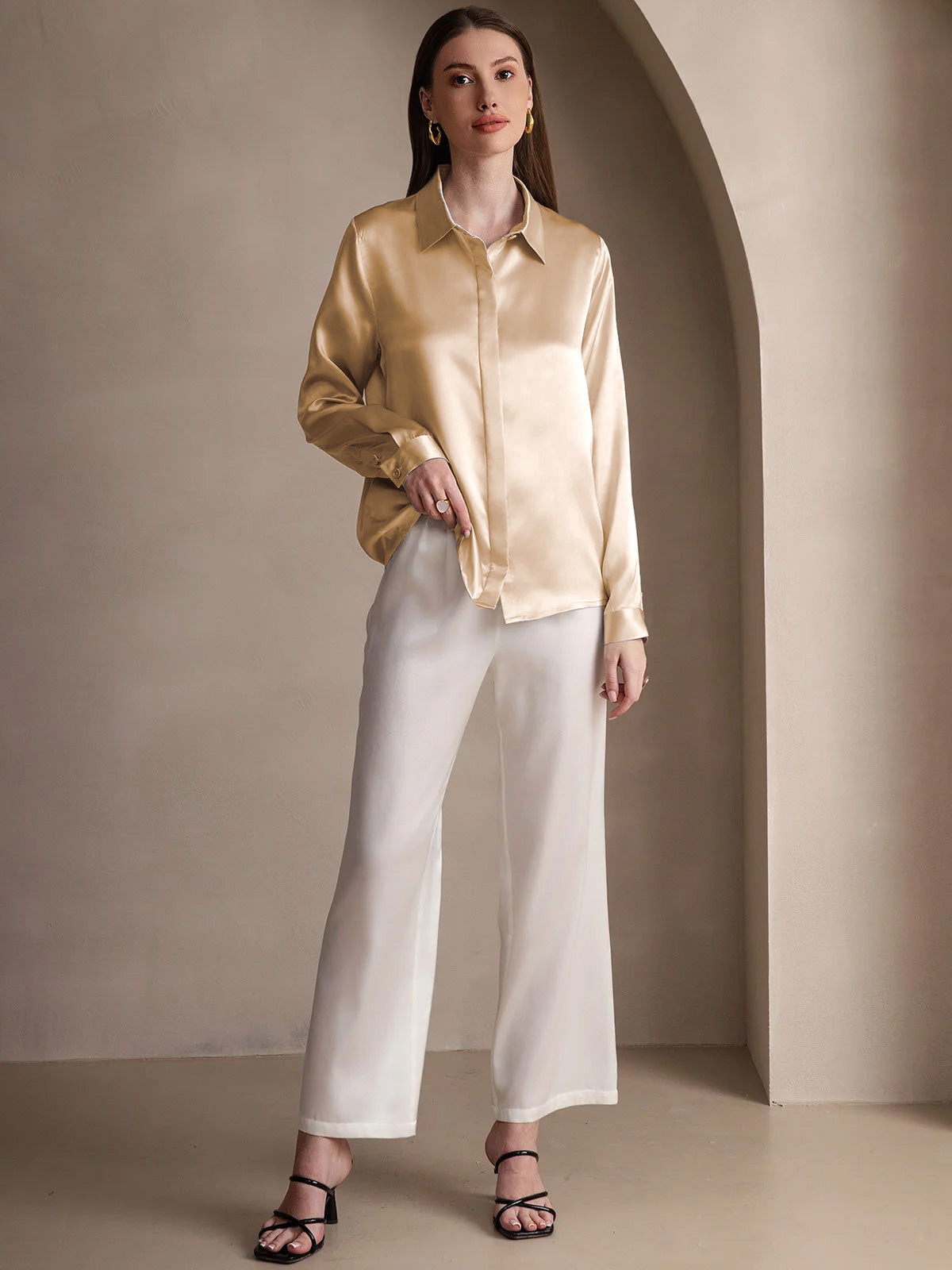 [Champagne] SilkSilky-AU 19Momme Silk Lapel Collar Women's Shirt 003