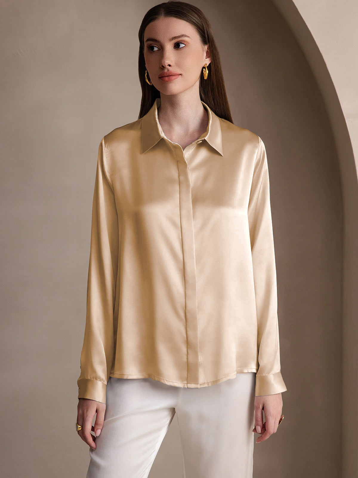 [Champagne] SilkSilky-AU 19Momme Silk Lapel Collar Women's Shirt 004