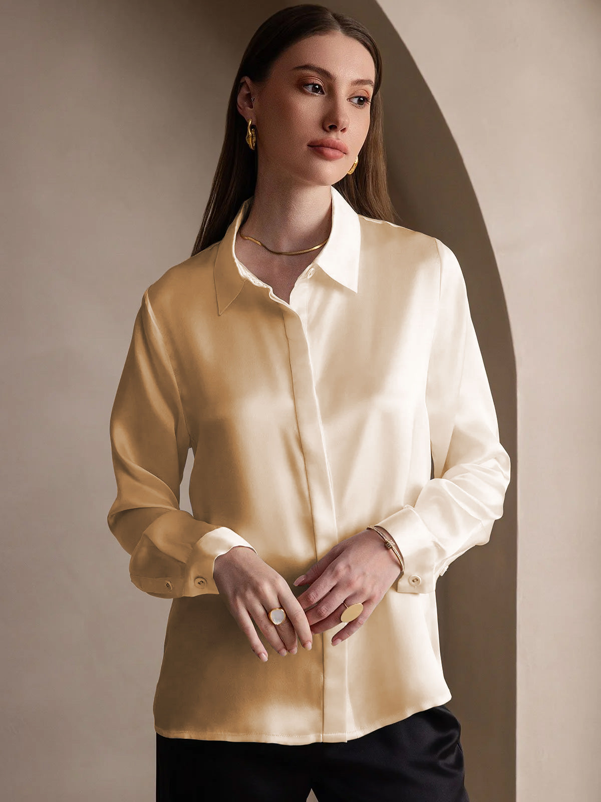 [Champagne] SilkSilky-AU 19Momme Silk Lapel Collar Women's Shirt 005