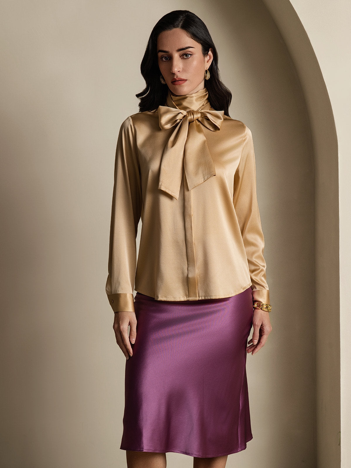 [Champagne] SilkSilky-AU 19Momme Silk Long Sleeve Tie Neck Women's Shirt 001