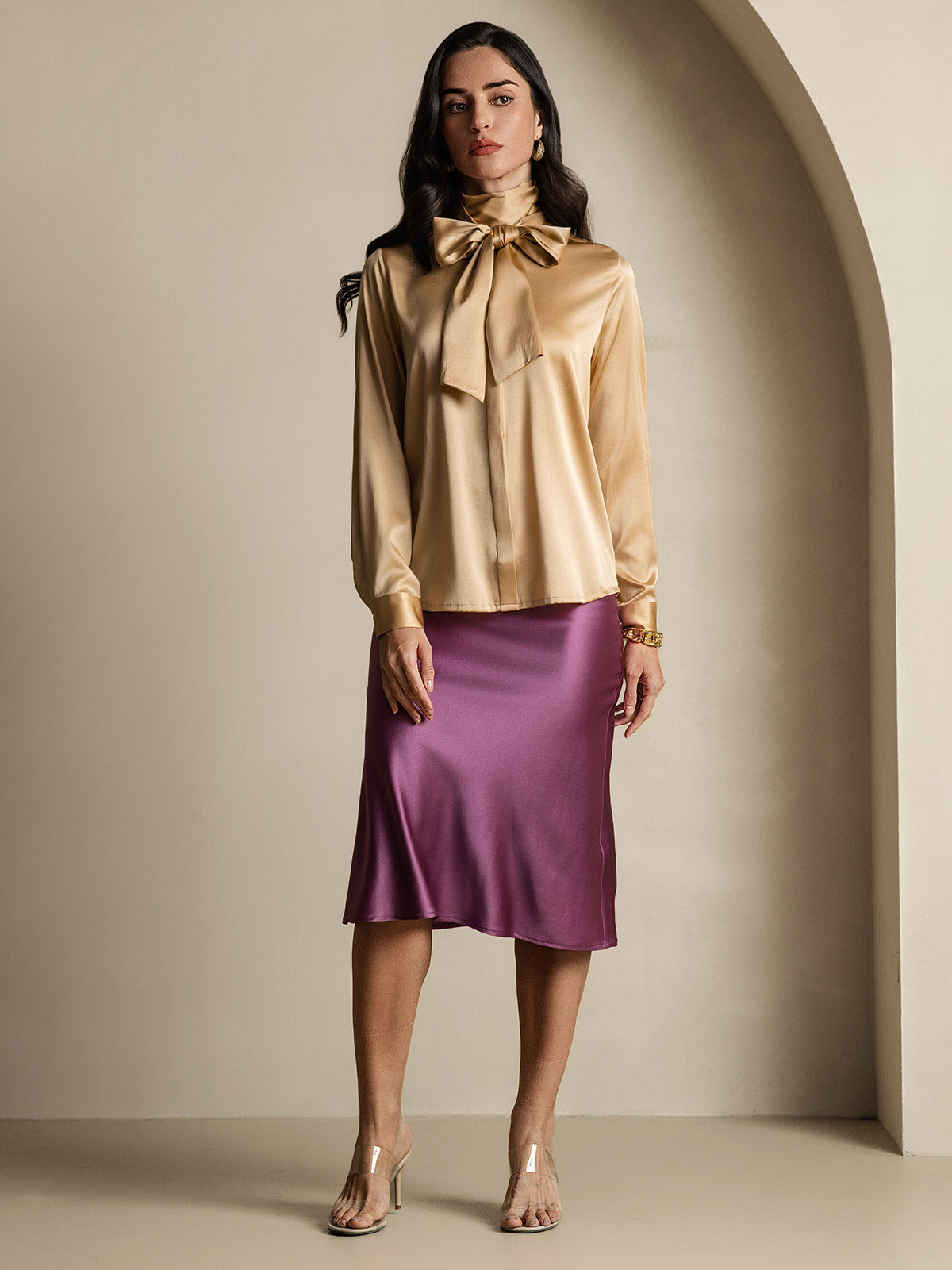 [Champagne] SilkSilky-AU 19Momme Silk Long Sleeve Tie Neck Women's Shirt 010