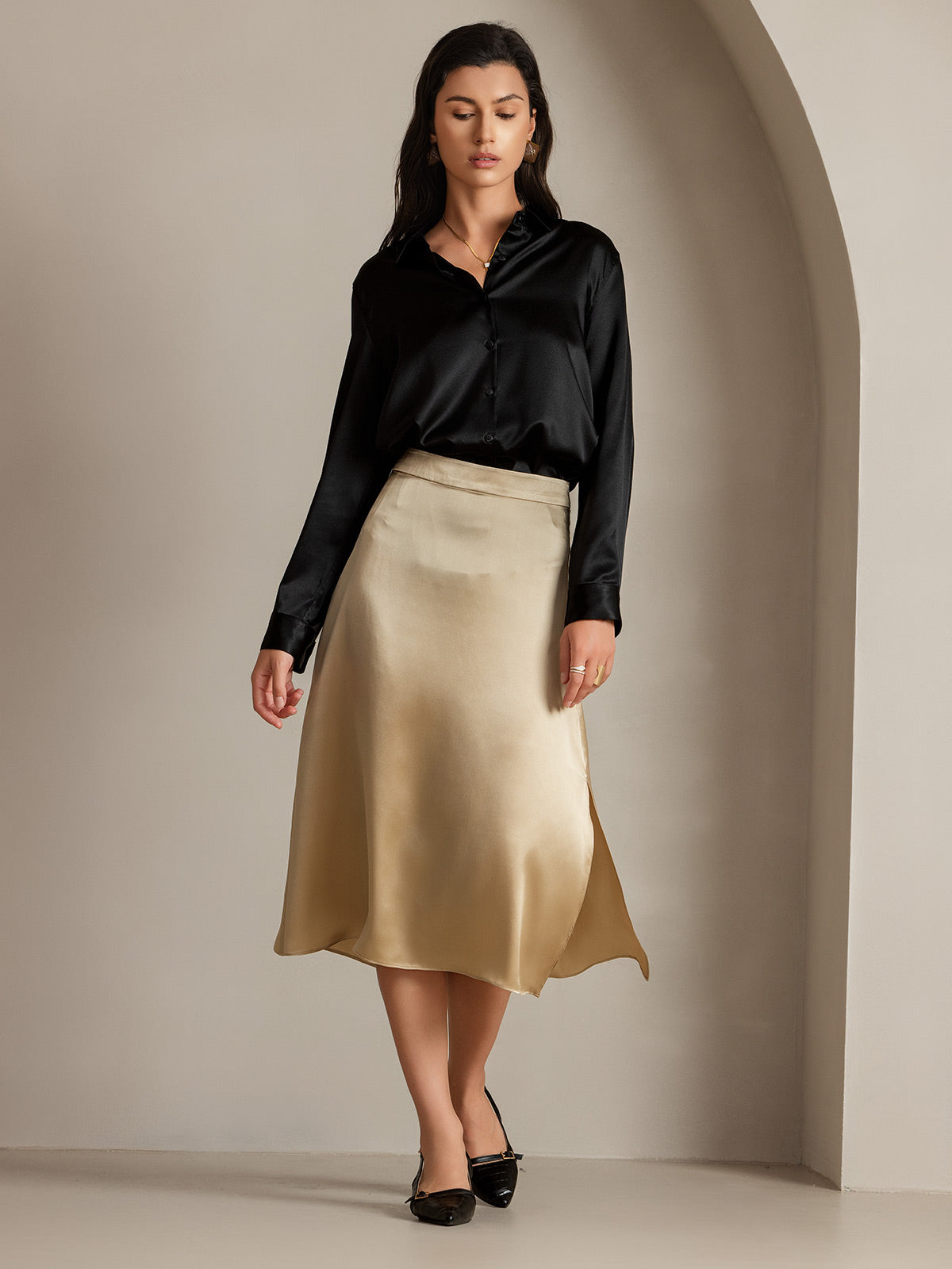 [Champagne] SilkSilky-AU 19Momme Silk Skirt 006