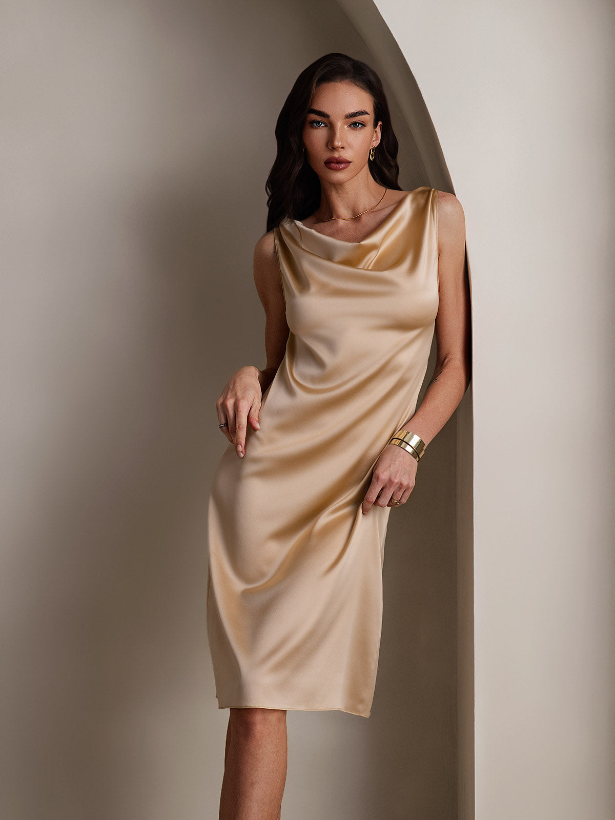 [Champagne] SilkSilky-AU 19Momme Silk Sleeveless Cowl Neck Dress 001