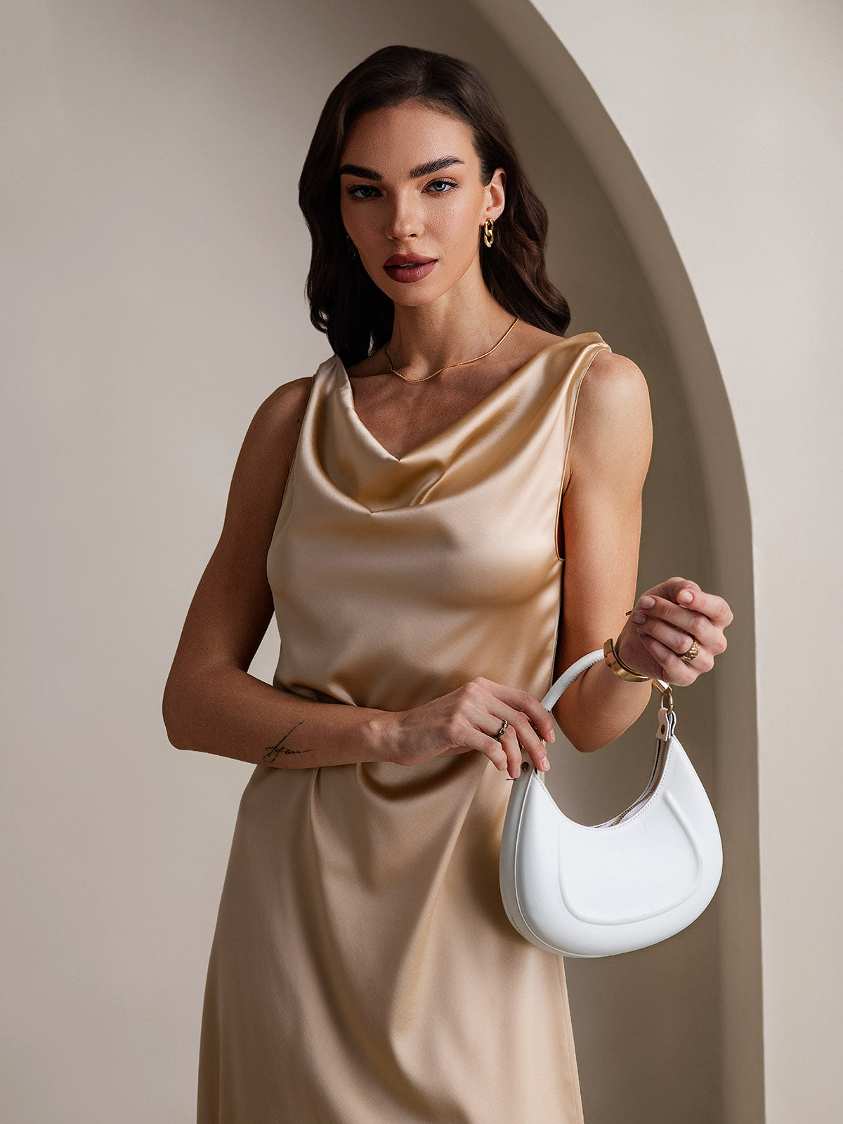 [Champagne] SilkSilky-AU 19Momme Silk Sleeveless Cowl Neck Dress 002