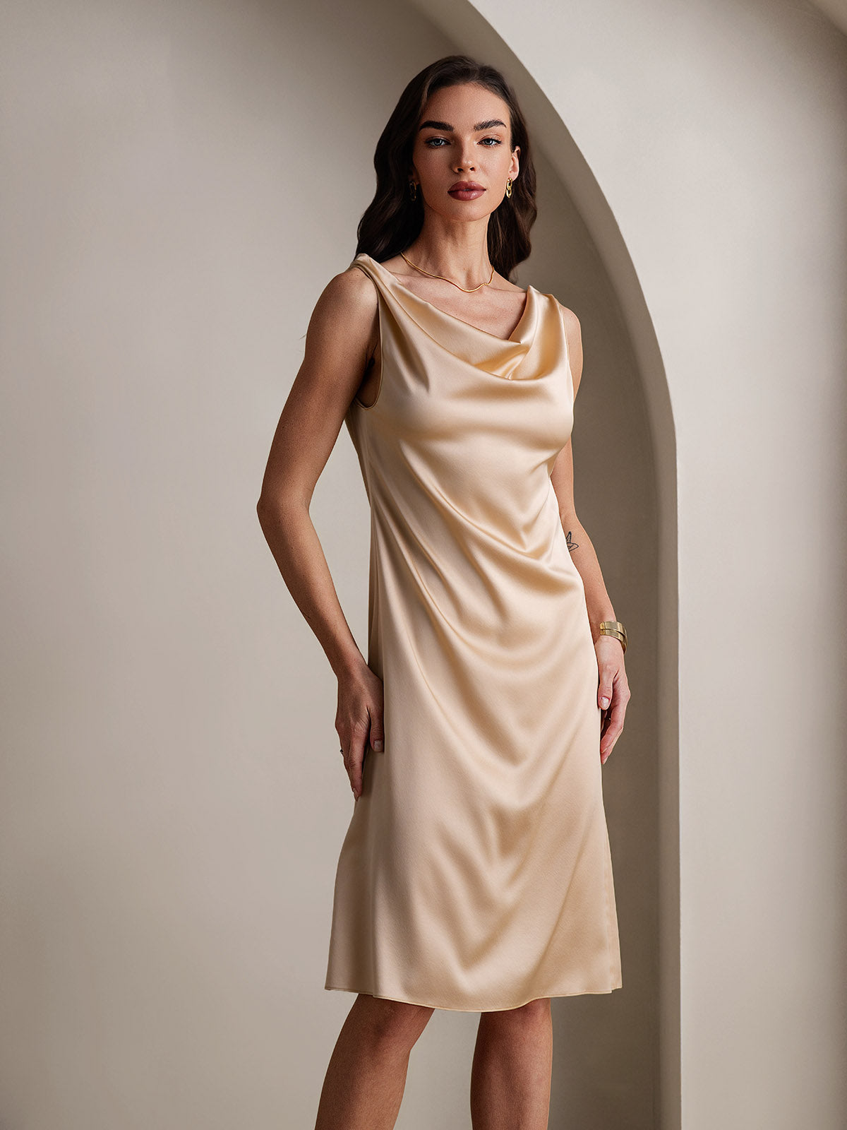 [Champagne] SilkSilky-AU 19Momme Silk Sleeveless Cowl Neck Dress 003