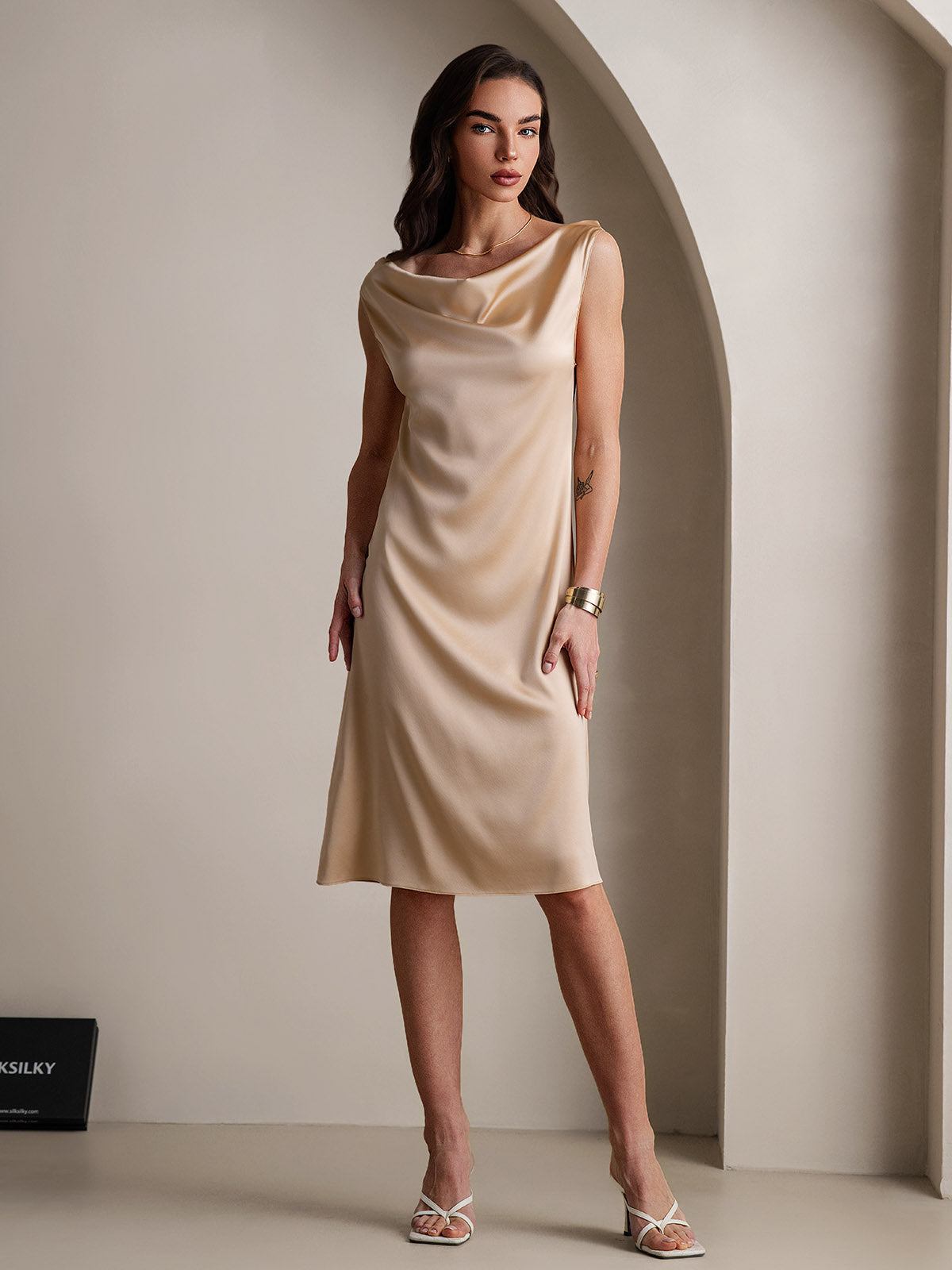 [Champagne] SilkSilky-AU 19Momme Silk Sleeveless Cowl Neck Dress 005