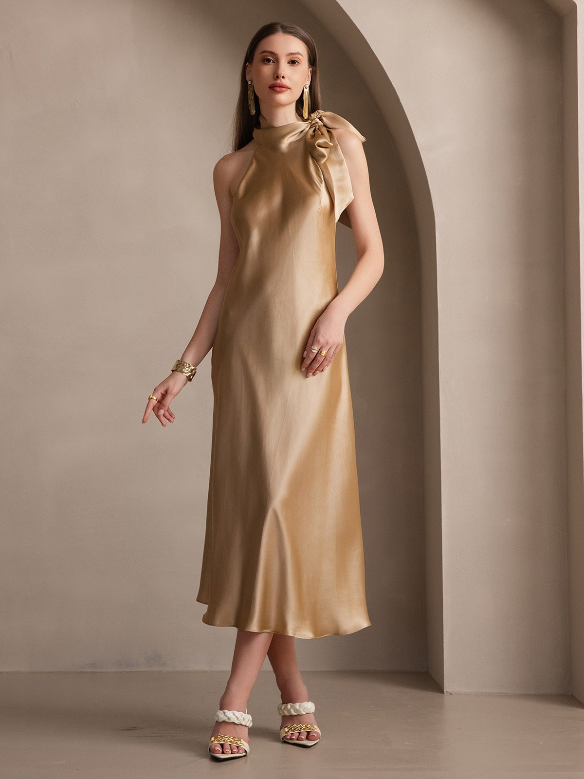[Champagne] SilkSilky-AU 19Momme Silk Sleeveless Tie Neck Dress 001