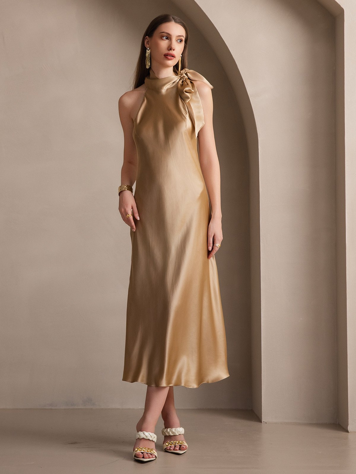 [Champagne] SilkSilky-AU 19Momme Silk Sleeveless Tie Neck Dress 005