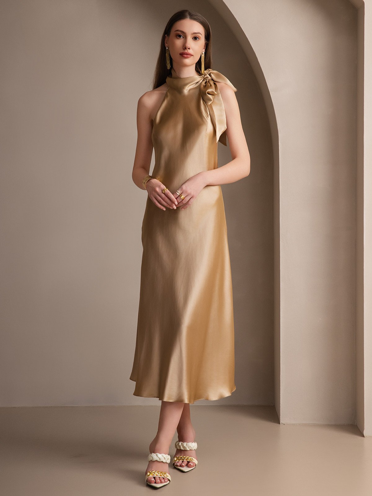 [Champagne] SilkSilky-AU 19Momme Silk Sleeveless Tie Neck Dress 006