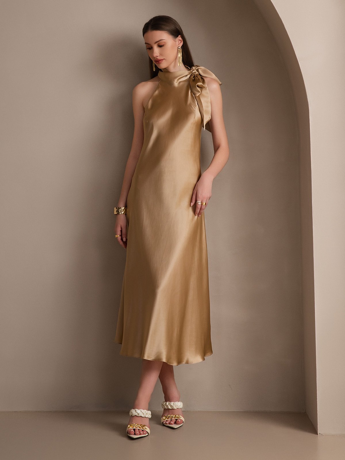 [Champagne] SilkSilky-AU 19Momme Silk Sleeveless Tie Neck Dress 007