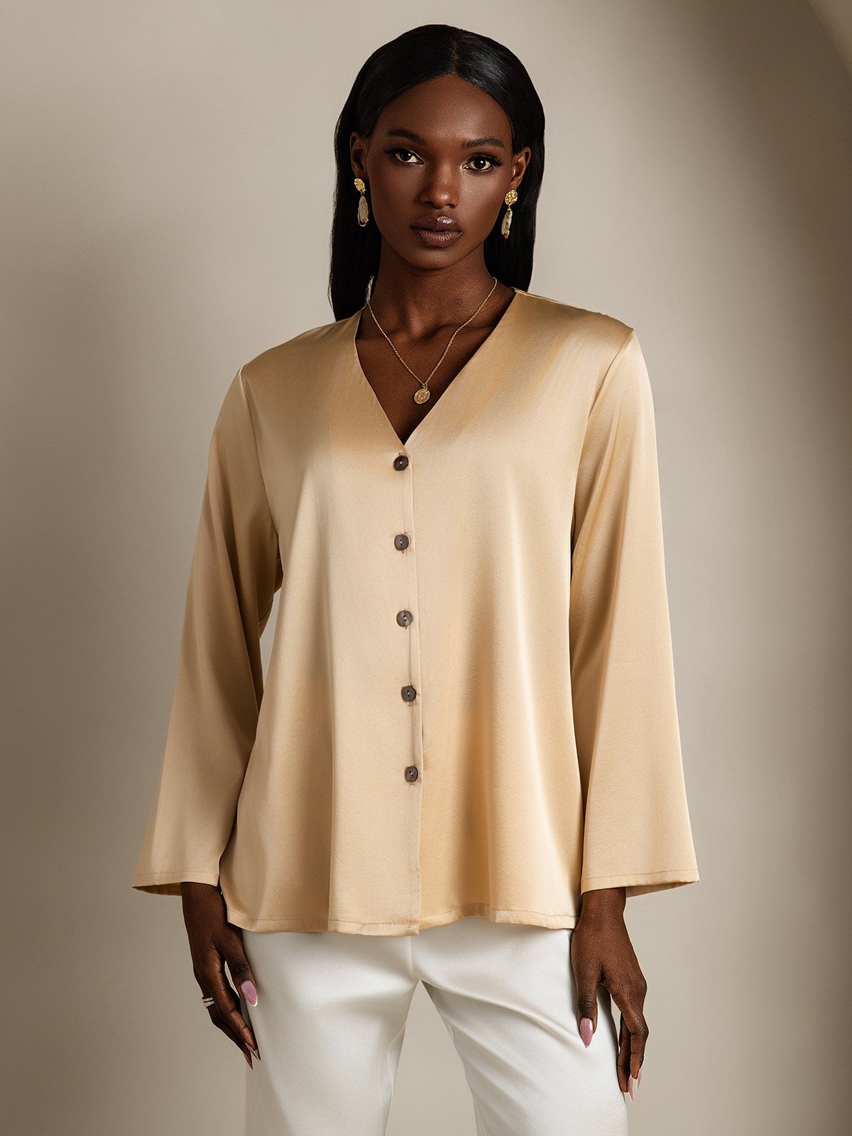 [Champagne] SilkSilky-AU 19Momme Silk V Neck Women's Shirt 003