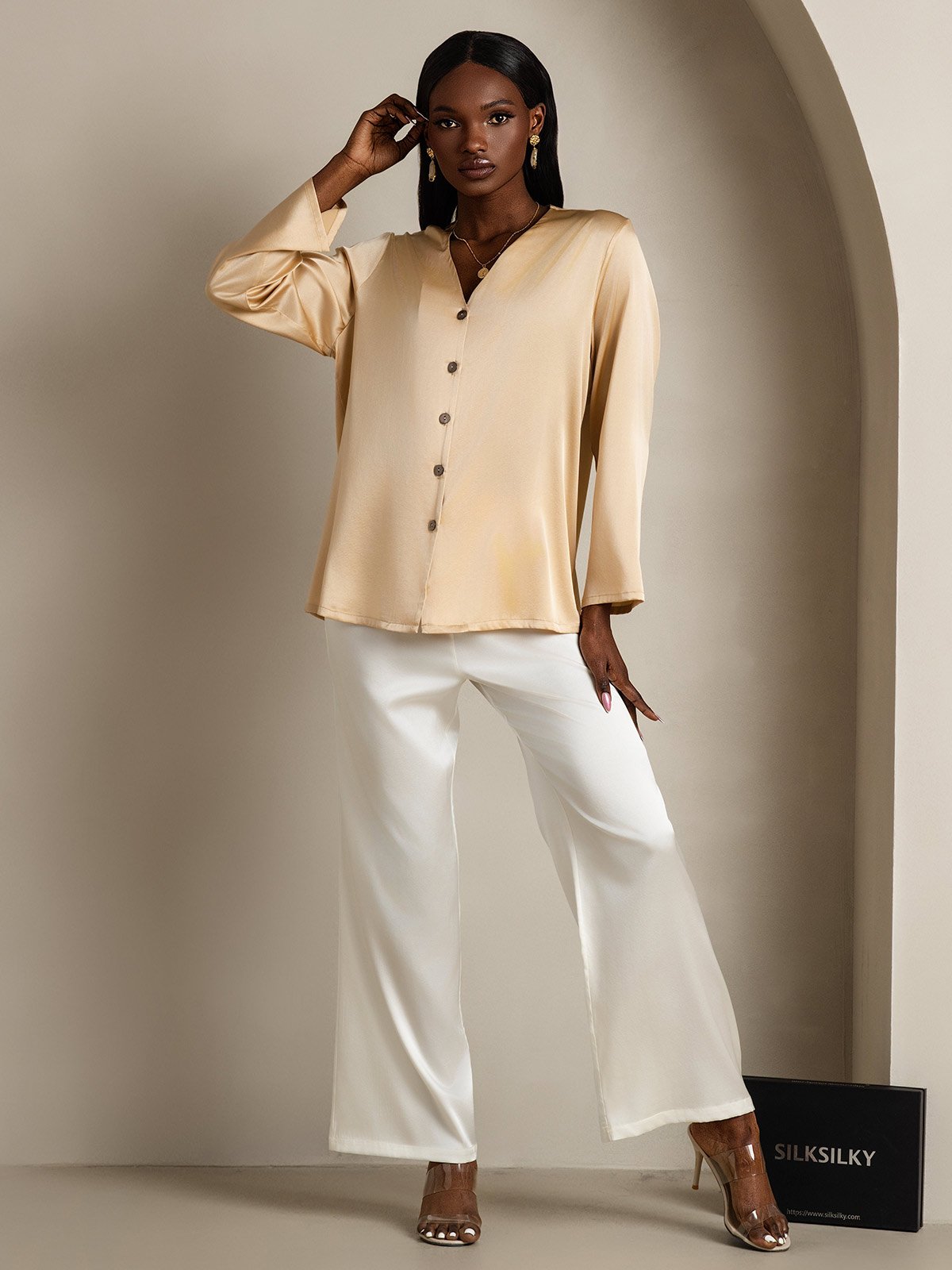 [Champagne] SilkSilky-AU 19Momme Silk V Neck Women's Shirt 005