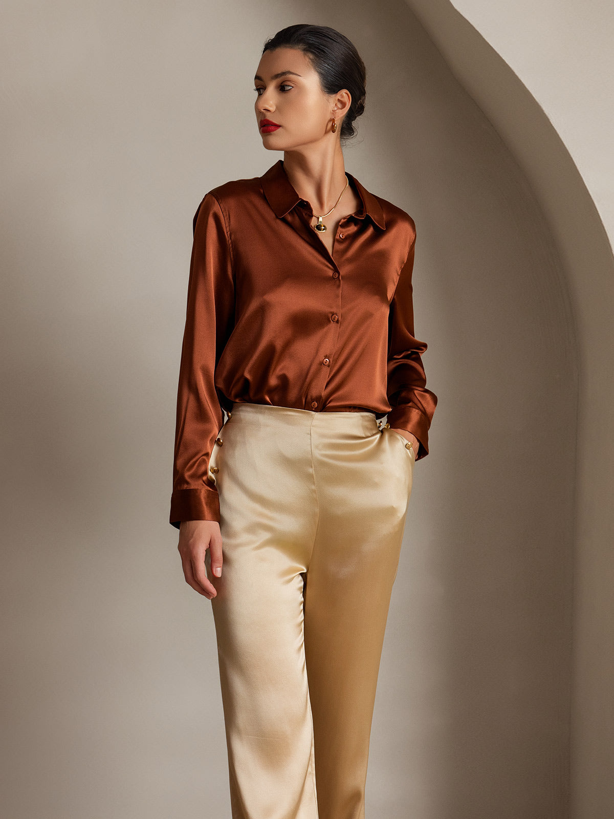[Champagne] SilkSilky-AU 19Momme Silk Womens Pants 005