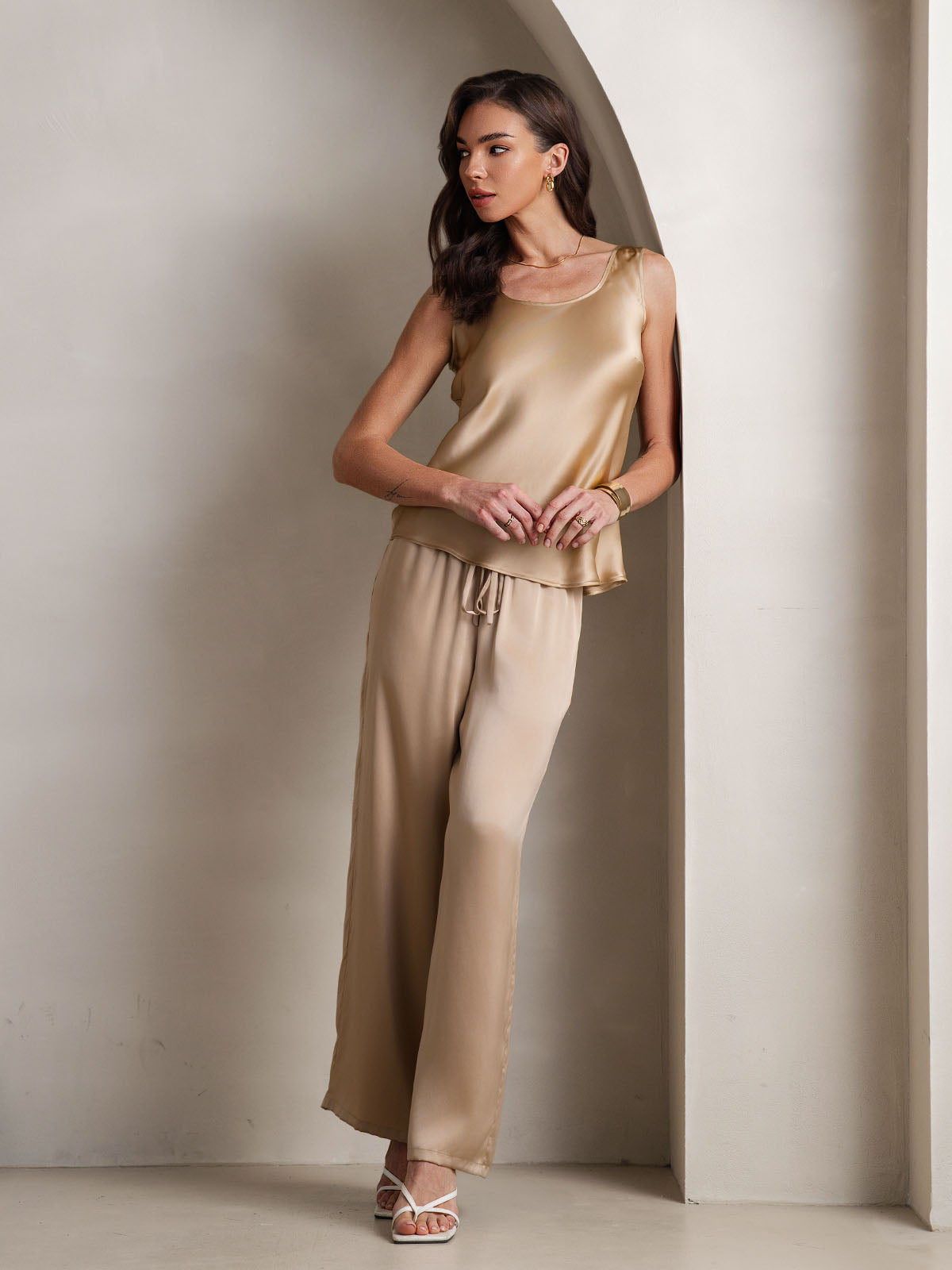 [Champagne] SilkSilky-AU Pure Silk Boat Neck Camisole Set 001