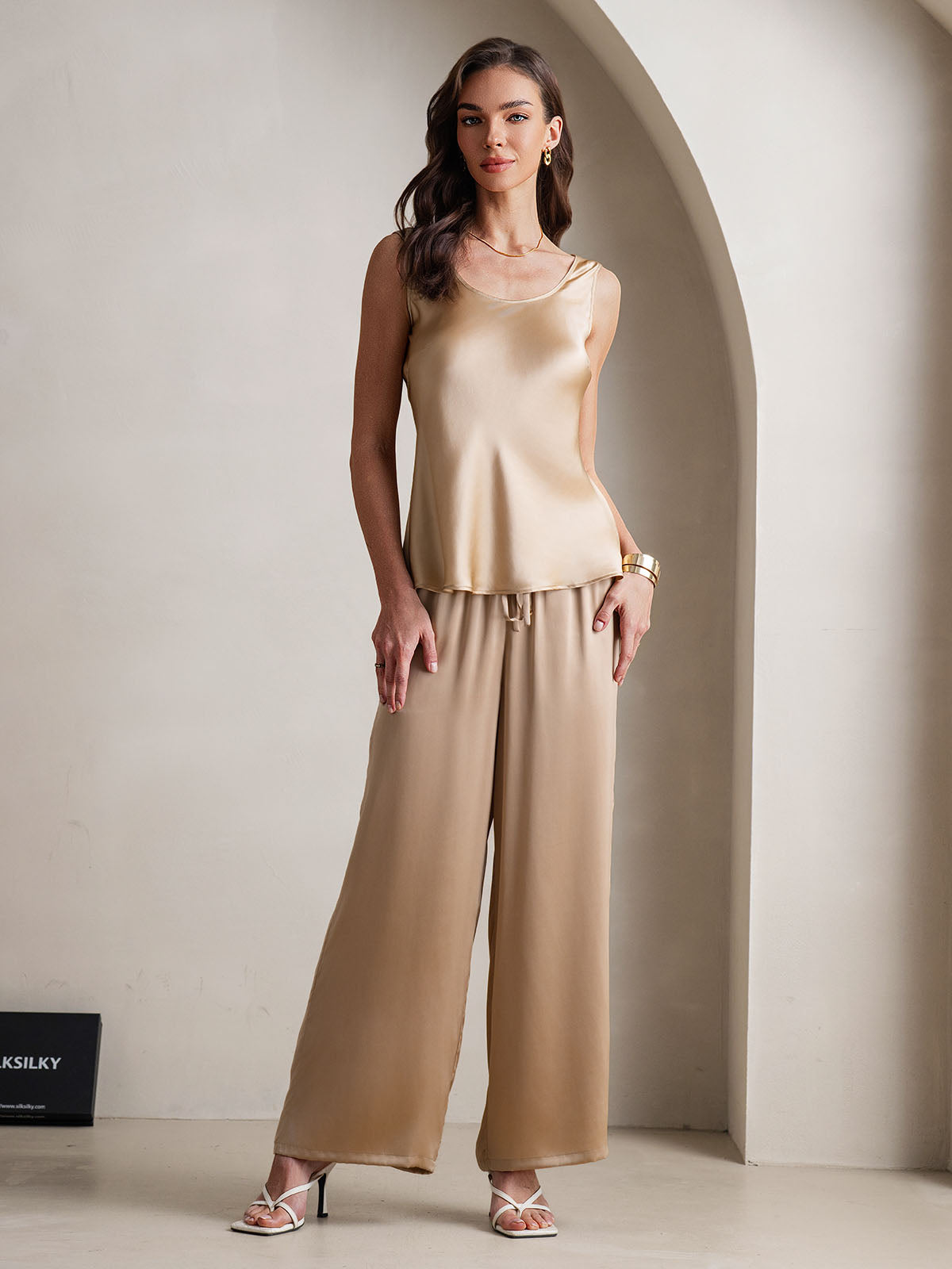 [Champagne] SilkSilky-AU Pure Silk Boat Neck Camisole Set 004