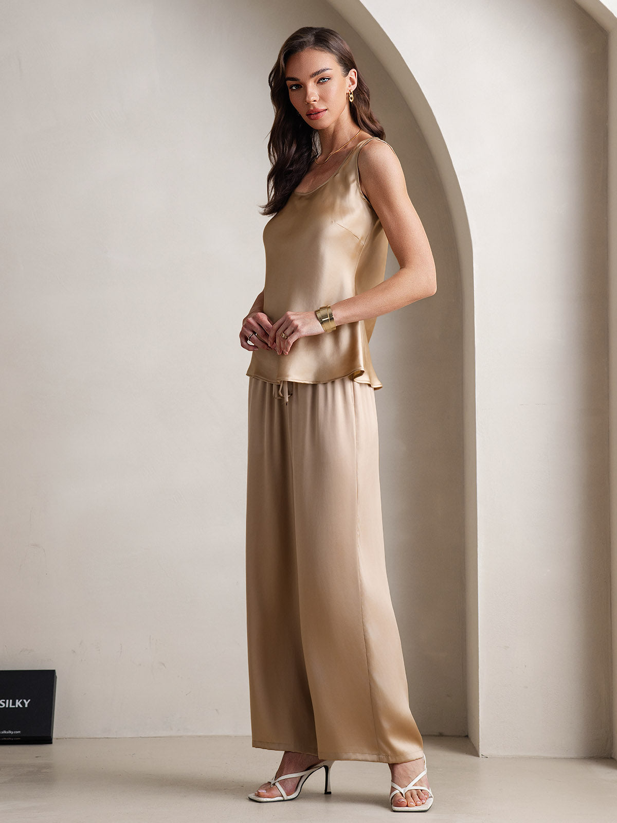 [Champagne] SilkSilky-AU Pure Silk Boat Neck Camisole Set 005