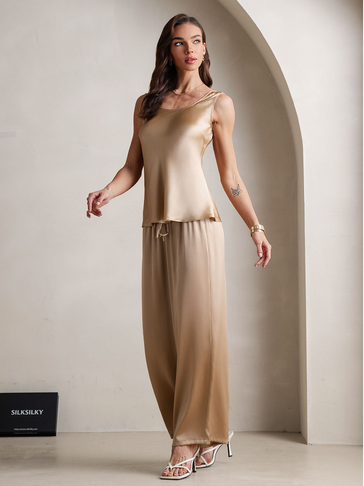[Champagne] SilkSilky-AU Pure Silk Boat Neck Camisole Set 006