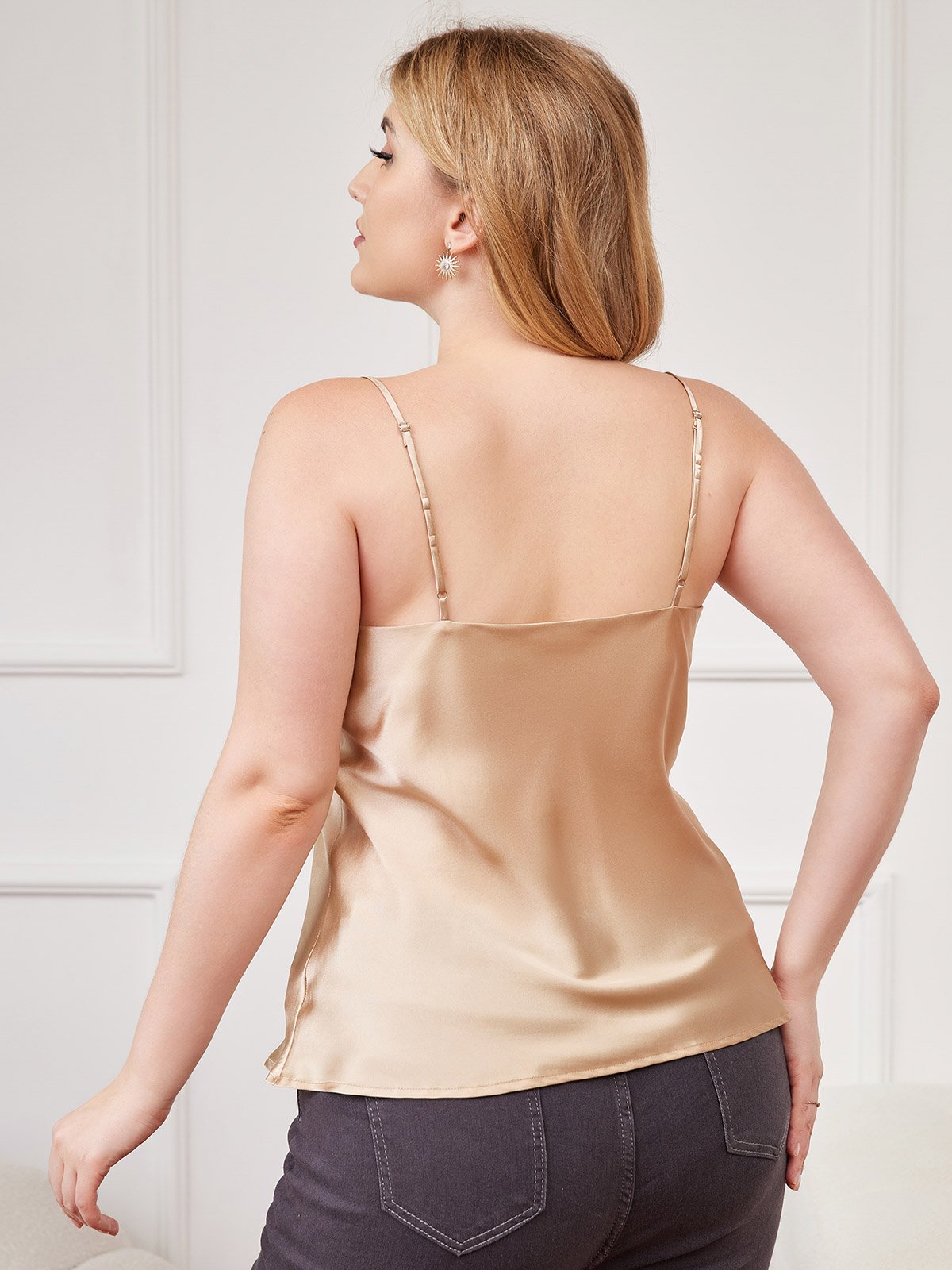 [Champagne] SilkSilky-AU Pure Silk Deep V Neck Plus Size Camisole Top 002