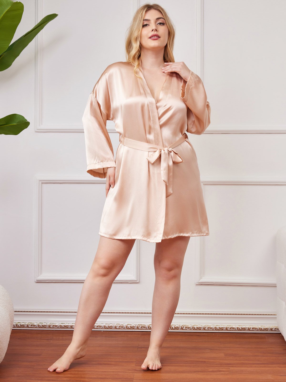 [Champagne] SilkSilky-AU Pure Silk Long Sleeve Deep V Neck Plus Size Dressing Gown 005