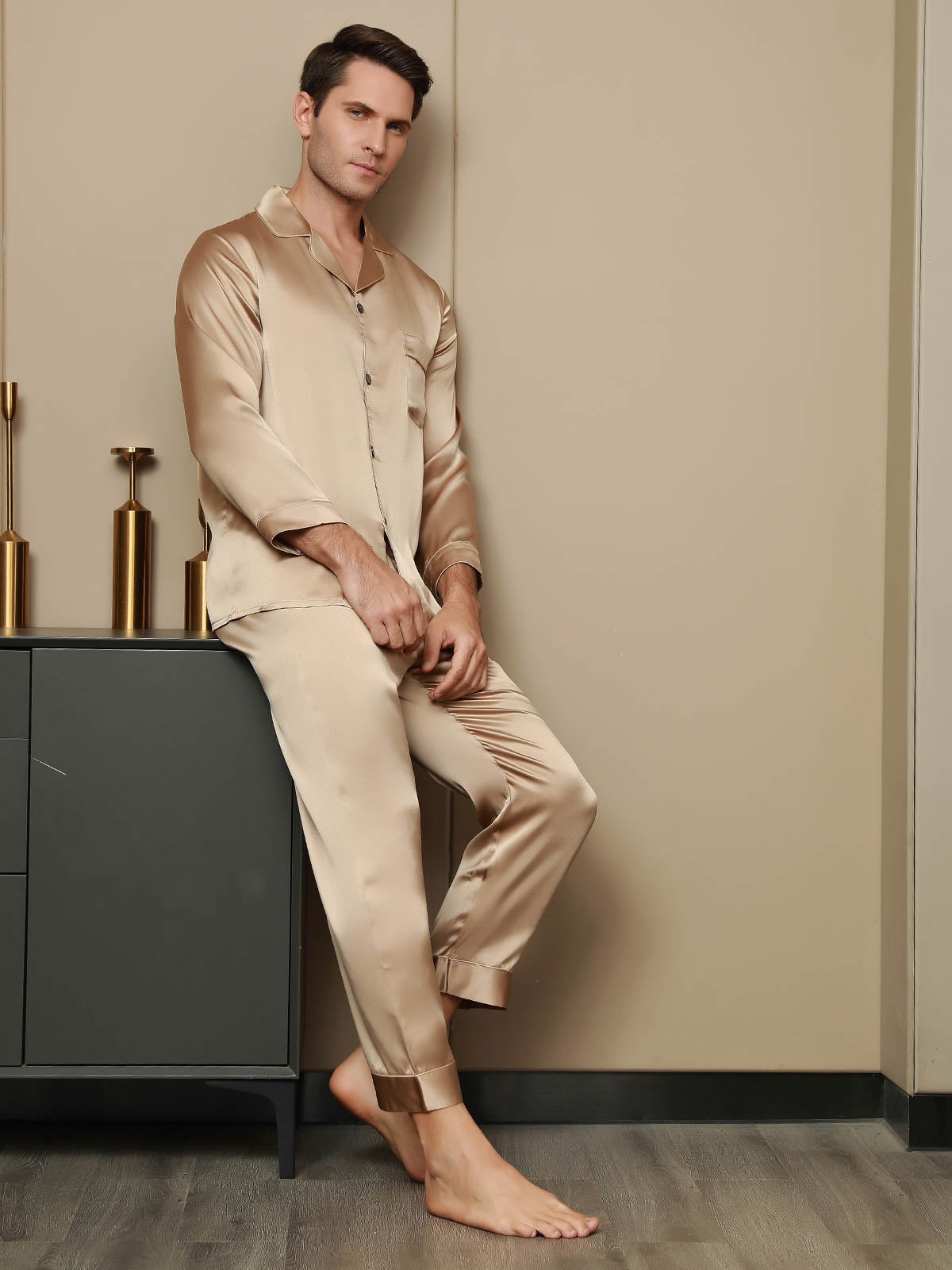 [Champagne] SilkSilky-AU Pure Silk Long Sleeve Lapel Men's Pyjamas 004