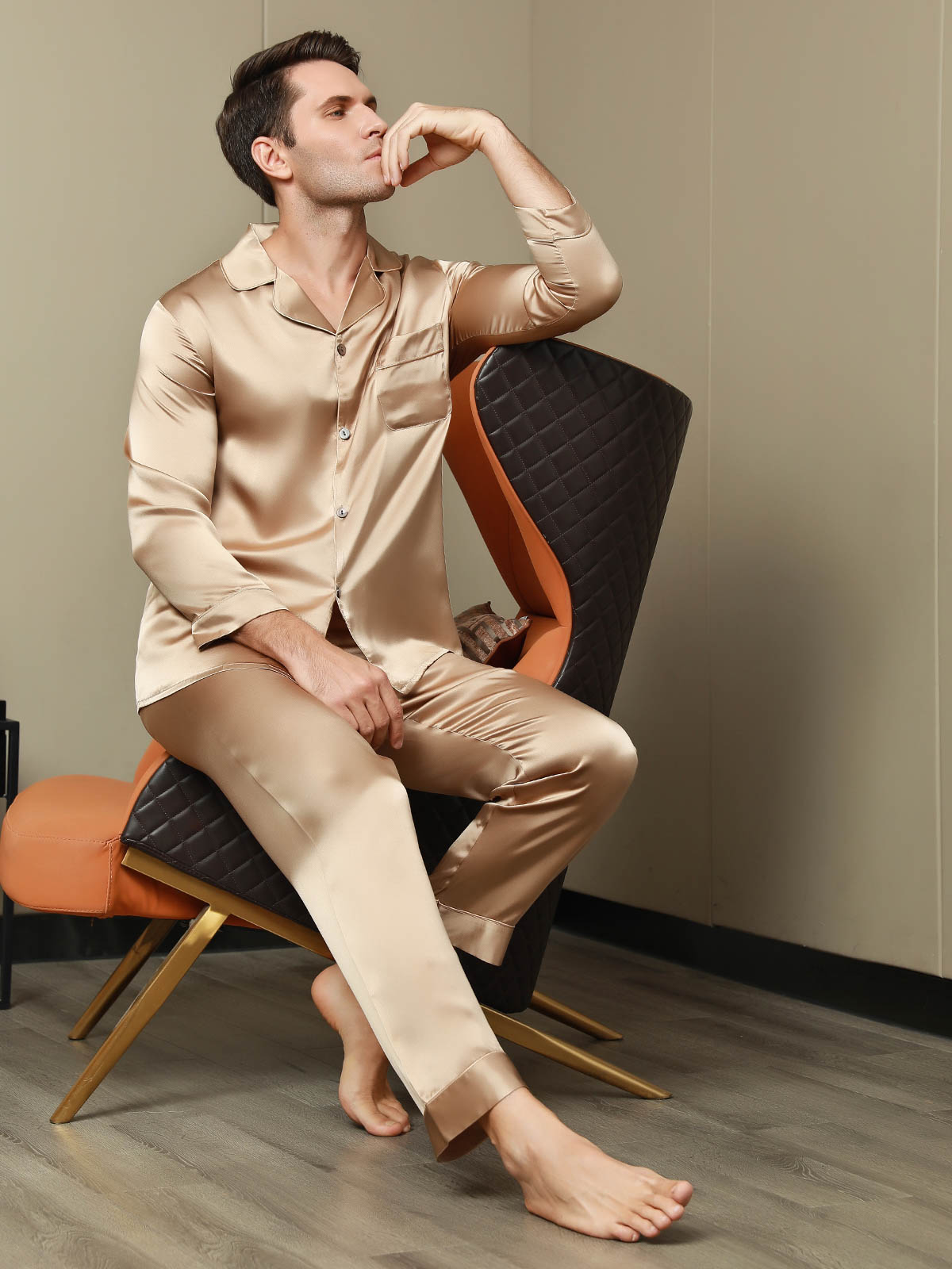 [Champagne] SilkSilky-AU Pure Silk Long Sleeve Lapel Men's Pyjamas 005
