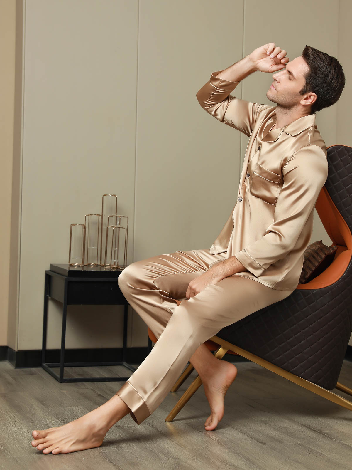 [Champagne] SilkSilky-AU Pure Silk Long Sleeve Lapel Men's Pyjamas 006