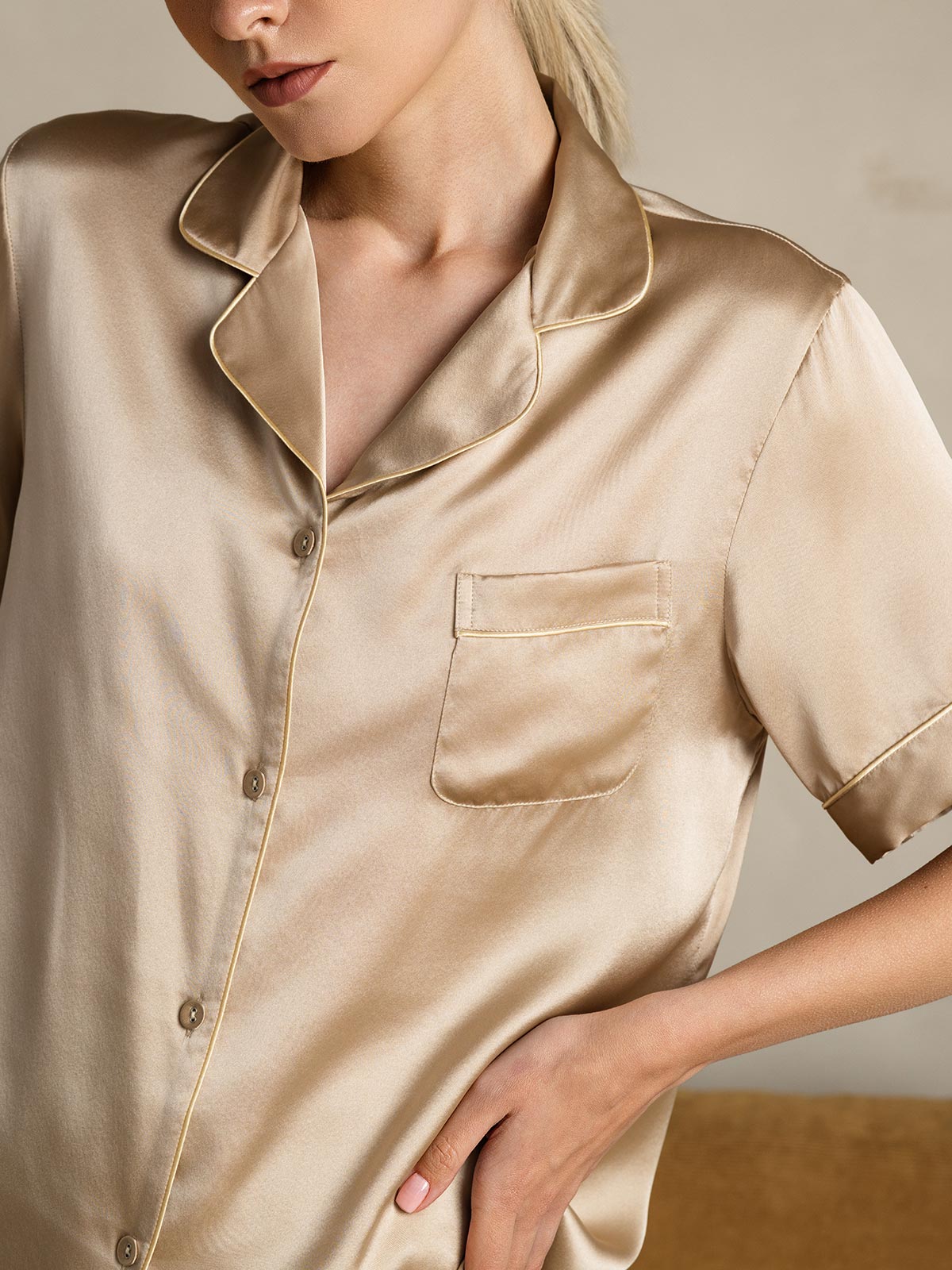 [Champagne] SilkSilky-AU Pure Silk Short Sleeve Lapel Women's Pyjamas 008