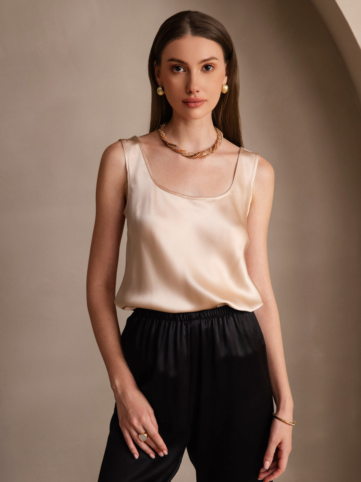 [Champagne] SilkSilky-AU Pure Silk Sleeveless U Neck Camisole 001