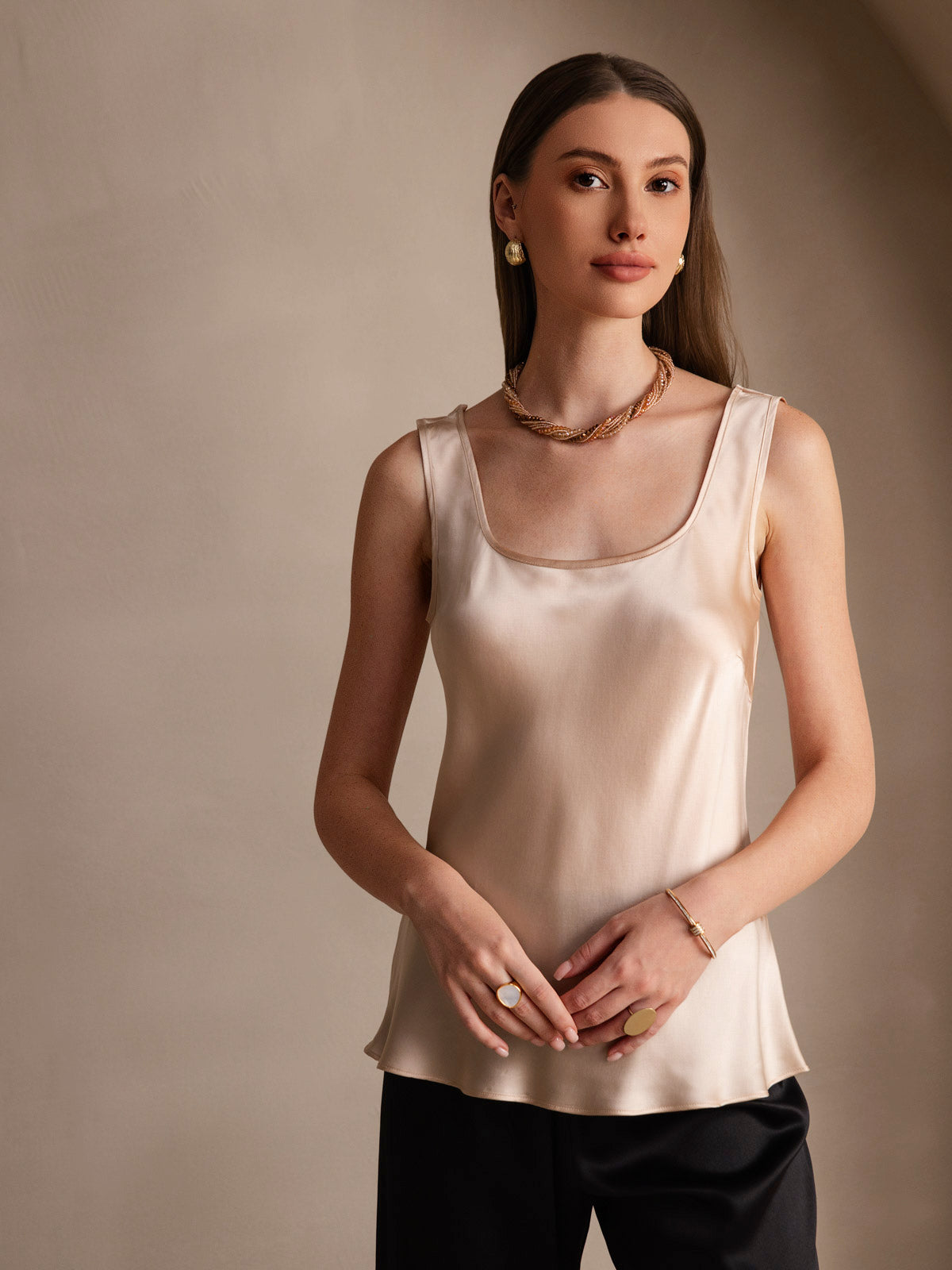 [Champagne] SilkSilky-AU Pure Silk Sleeveless U Neck Camisole 003
