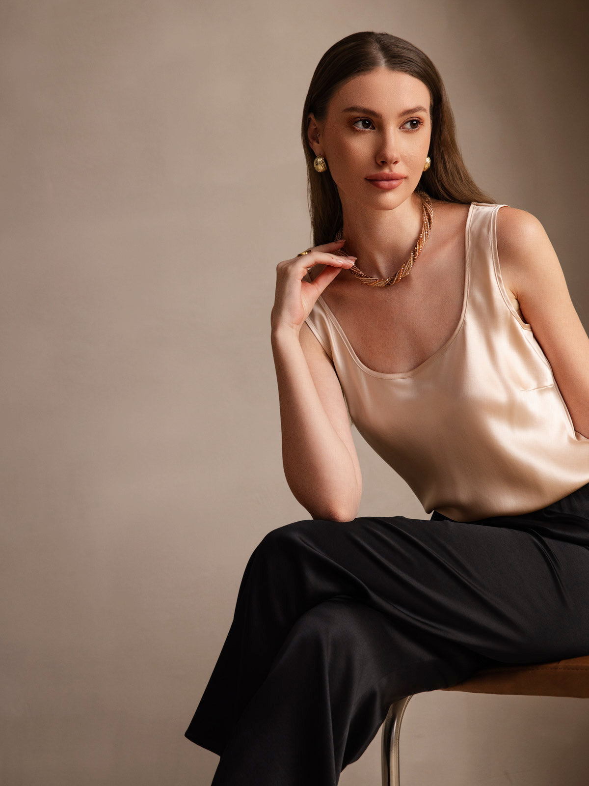 [Champagne] SilkSilky-AU Pure Silk Sleeveless U Neck Camisole 004