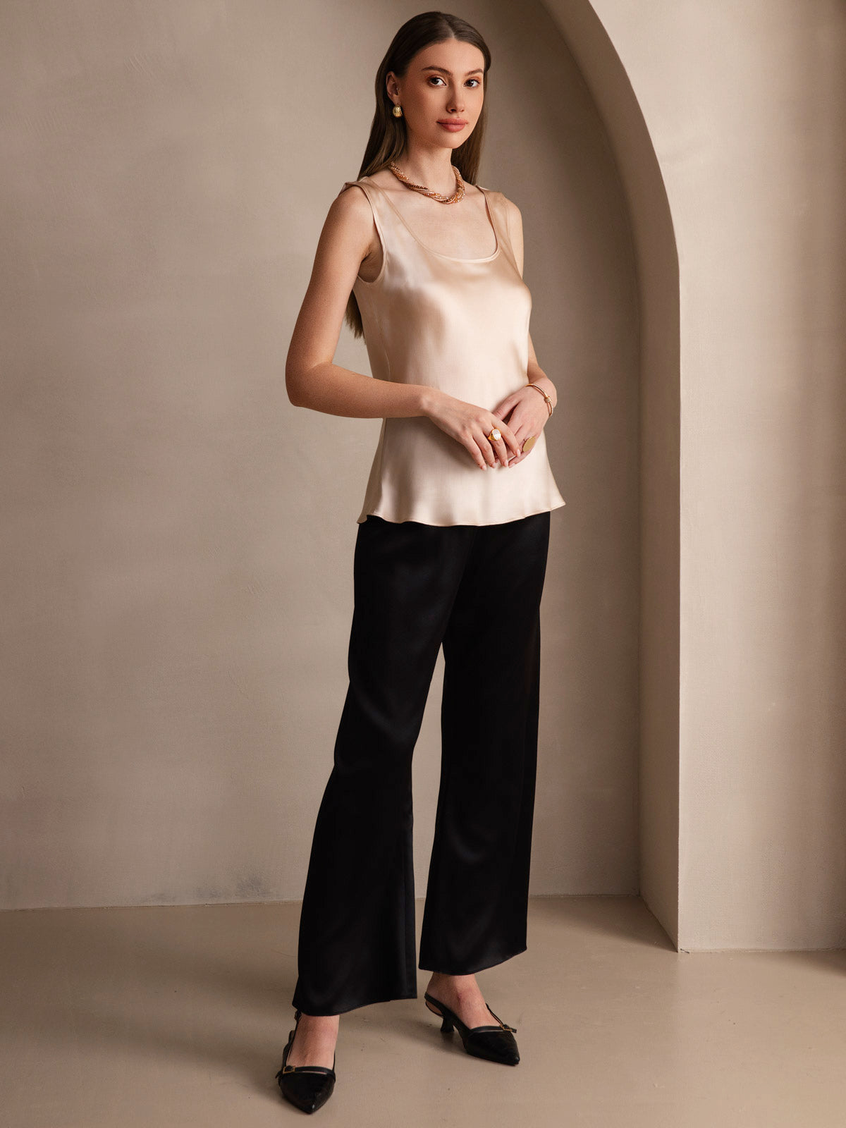 [Champagne] SilkSilky-AU Pure Silk Sleeveless U Neck Camisole 006