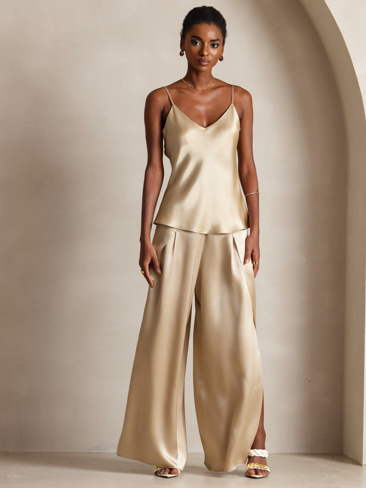 [Champagne] SilkSilky-AU Pure Silk V Neck Camisole 005