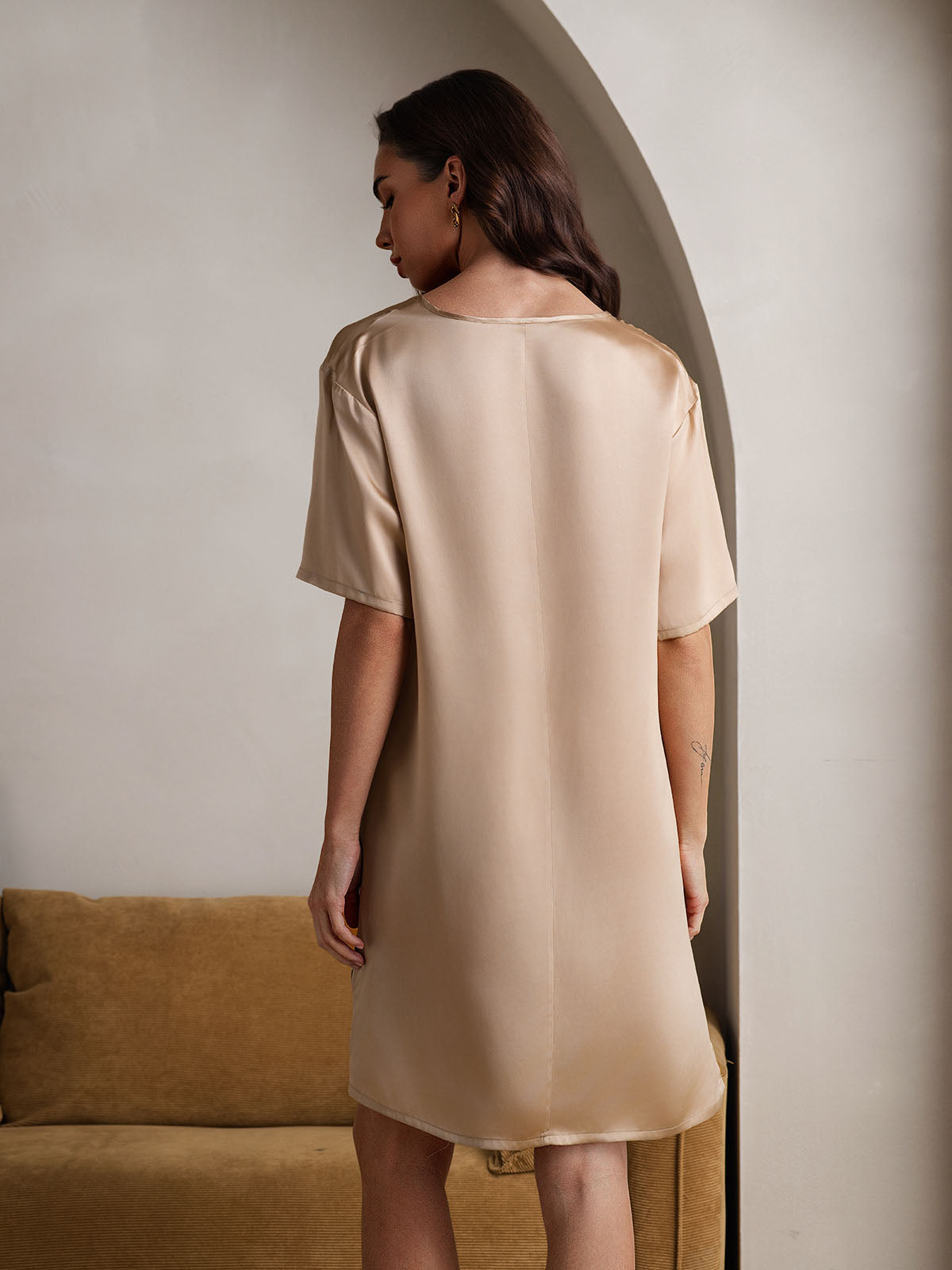 [Champagne] SilkSilky-AU Pure Silk V Neck Nightgown 002