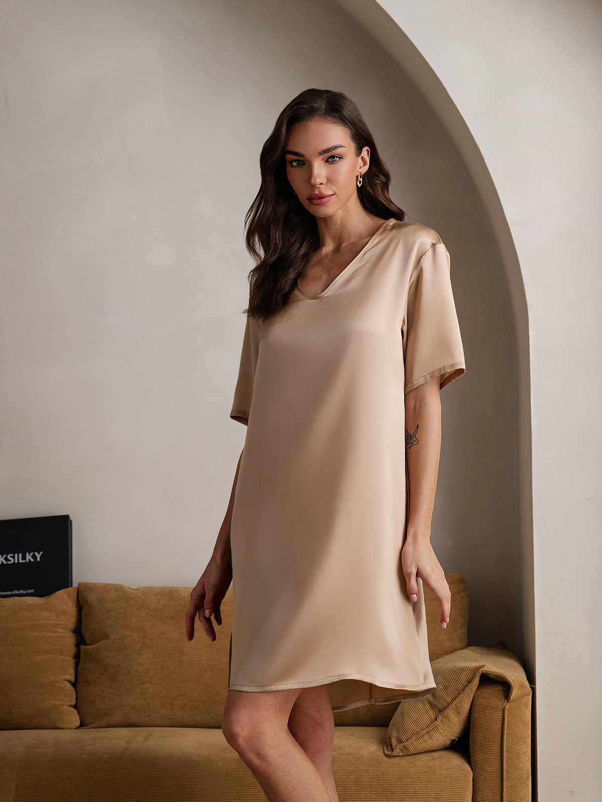 [Champagne] SilkSilky-AU Pure Silk V Neck Nightgown 005
