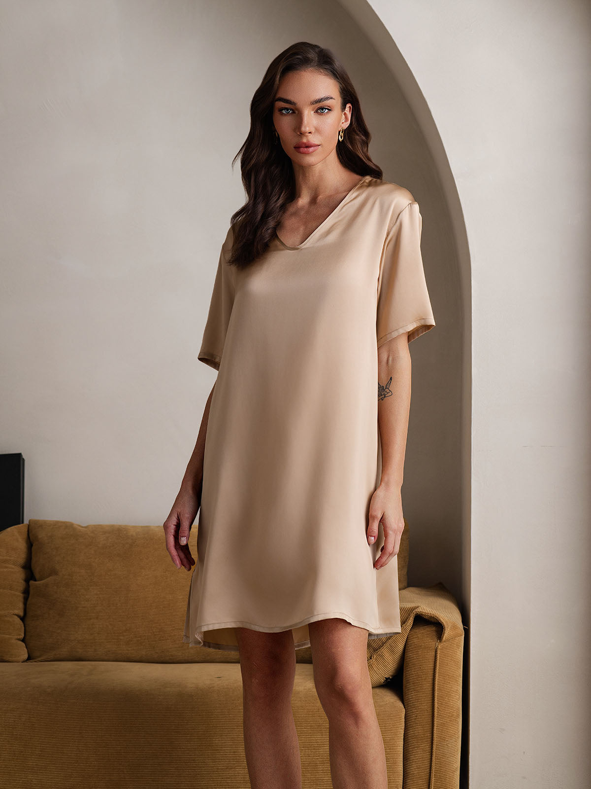 [Champagne] SilkSilky-AU Pure Silk V Neck Nightgown 006