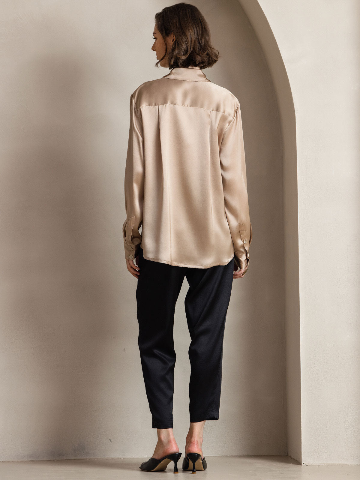 [Champagne] SilkSilky-AU Silk Long Sleeve Collar Women's Shirt 002