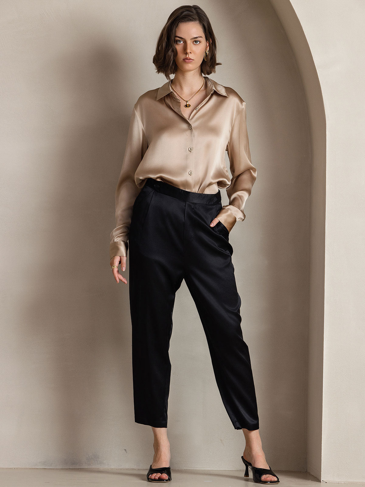 [Champagne] SilkSilky-AU Silk Long Sleeve Collar Women's Shirt 003