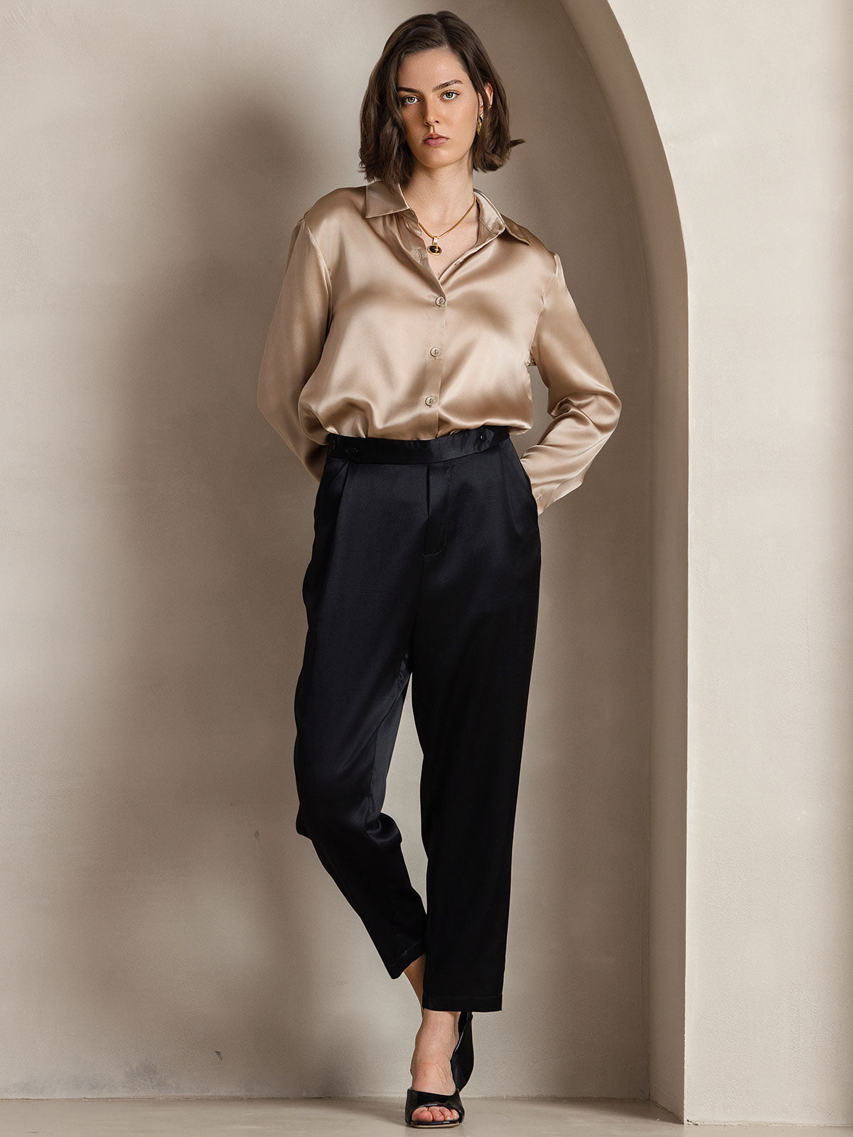 [Champagne] SilkSilky-AU Silk Long Sleeve Collar Women's Shirt 005