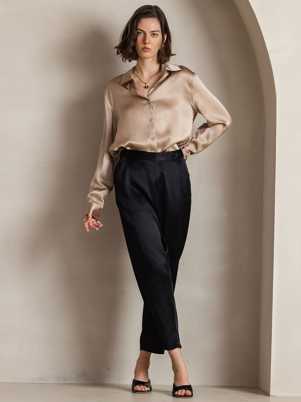 [Champagne] SilkSilky-AU Silk Long Sleeve Collar Women's Shirt 006