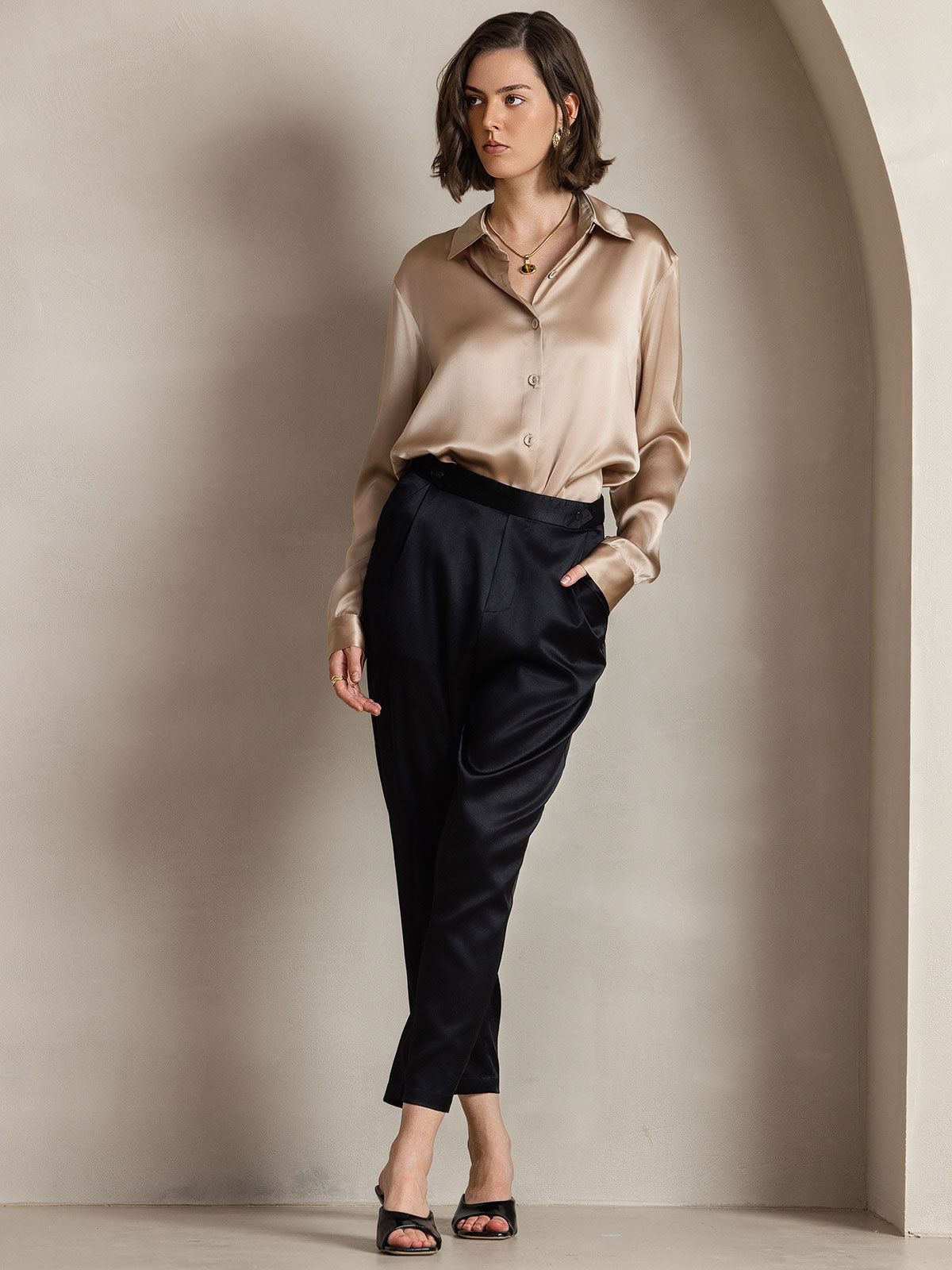 [Champagne] SilkSilky-AU Silk Long Sleeve Collar Women's Shirt 007