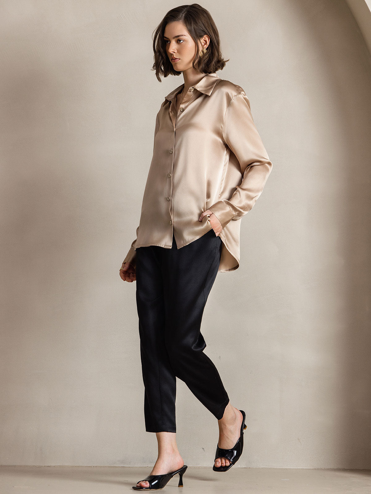 [Champagne] SilkSilky-AU Silk Long Sleeve Collar Women's Shirt 008