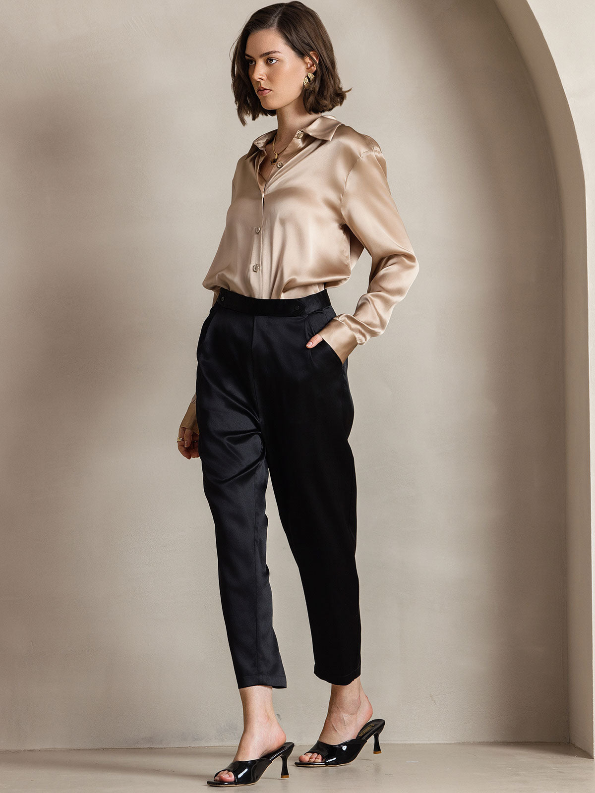 [Champagne] SilkSilky-AU Silk Long Sleeve Collar Women's Shirt 009