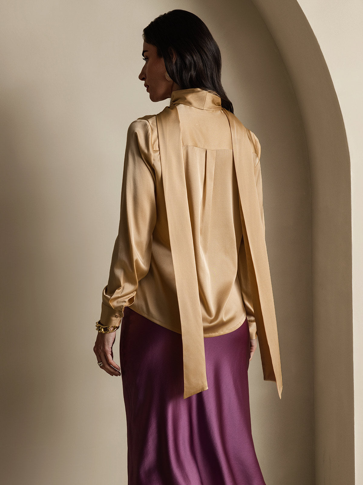 [Champagne] SilkSilky-AU 19Momme Silk Long Sleeve High Neck Blouse 002