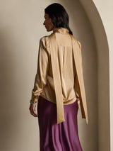 [Champagne] SilkSilky-AU 19Momme Long Sleeve High Neck Blouse 002