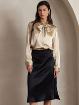 [Champagne] SilkSilky-AU 19Momme Stretch Silk Charmeuse Long Sleeve Tie Neck Blouse 004