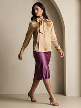 [Champagne] SilkSilky-AU 19Momme Long Sleeve High Neck Blouse 009